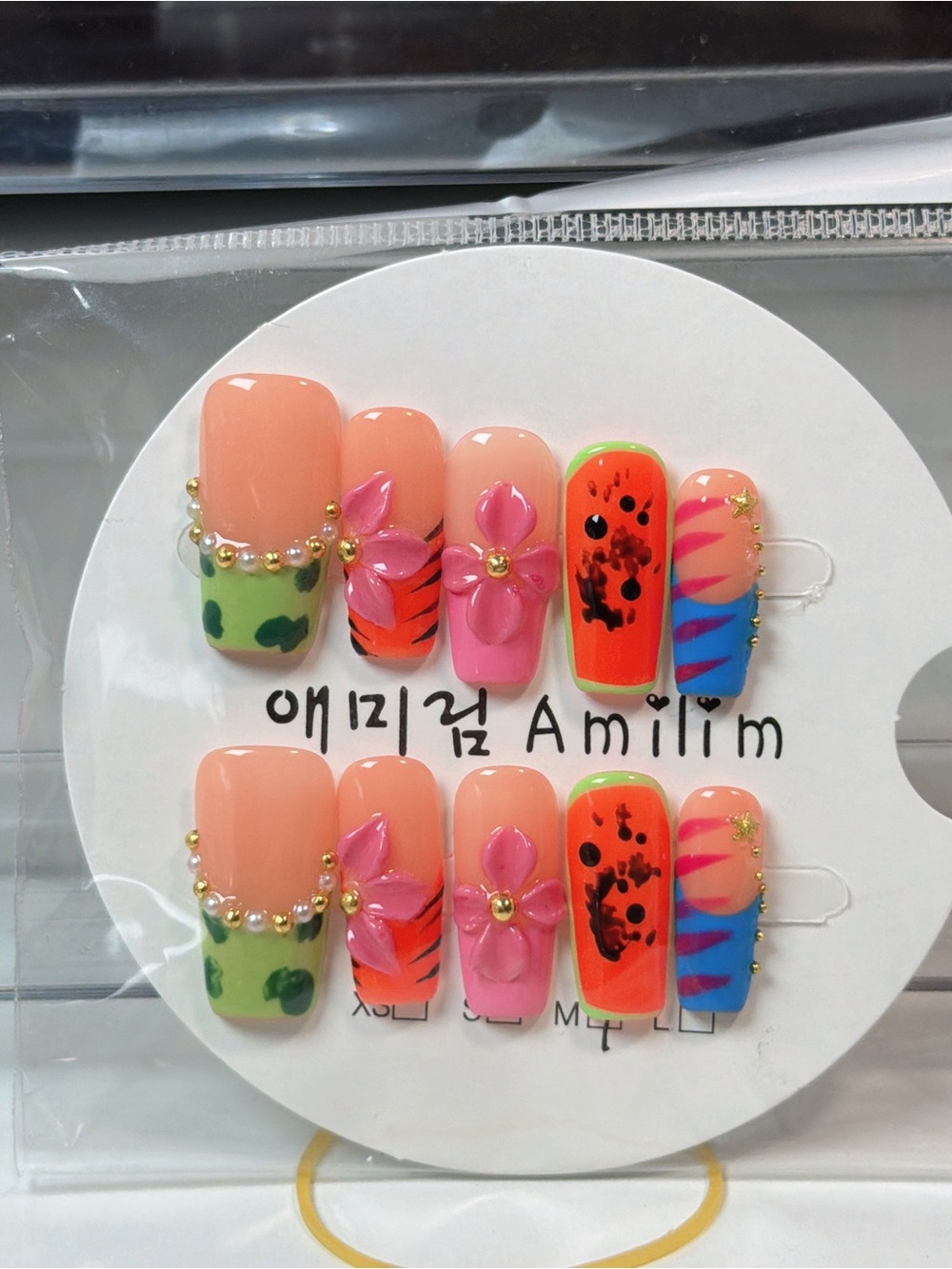 Peach Pink Multicolor Floral Press-On Nail Set